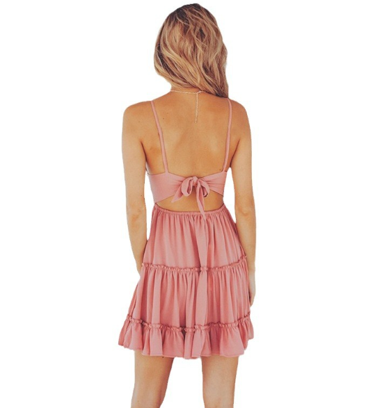 V-Neck Chiffon Ruffled Hem Dress with Spaghetti Straps