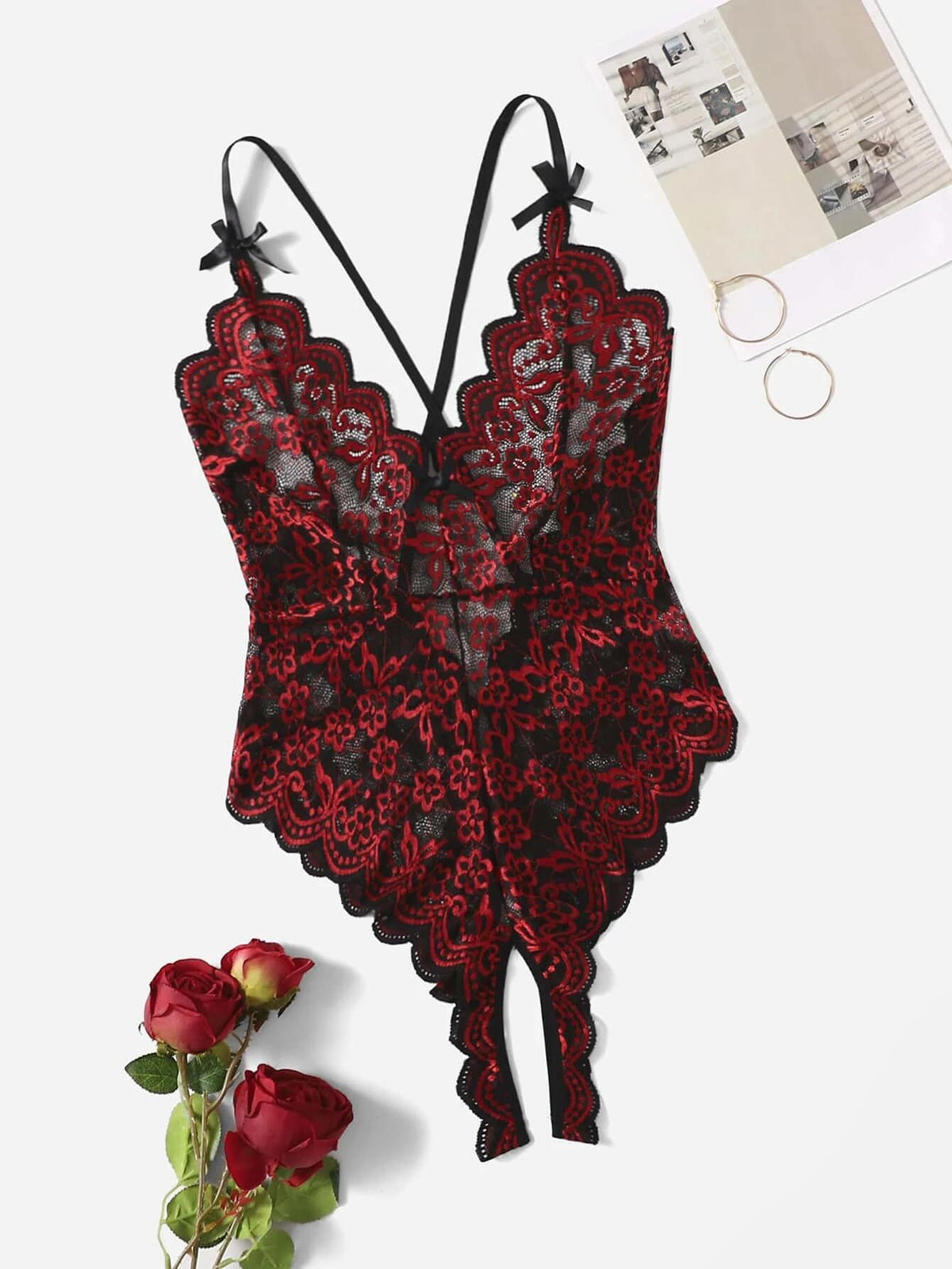 Lace Bodysuit with Open Crotch for Women 732