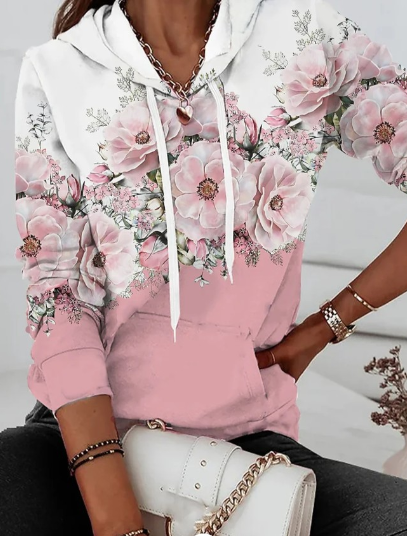 Floral Print Hooded Long Sleeve Leisure Sweater