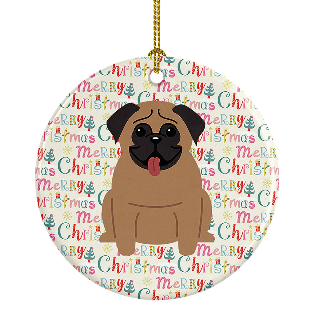 Merry Christmas Pug Brown Ceramic Ornament