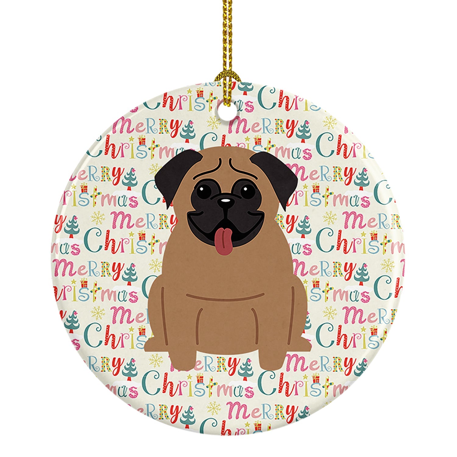 Merry Christmas Pug Brown Ceramic Ornament