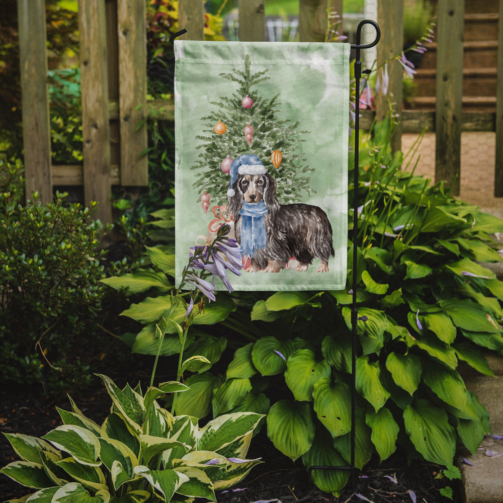 Dachshund Longhair Black Tan Christmas Presents and Tree Garden Flag