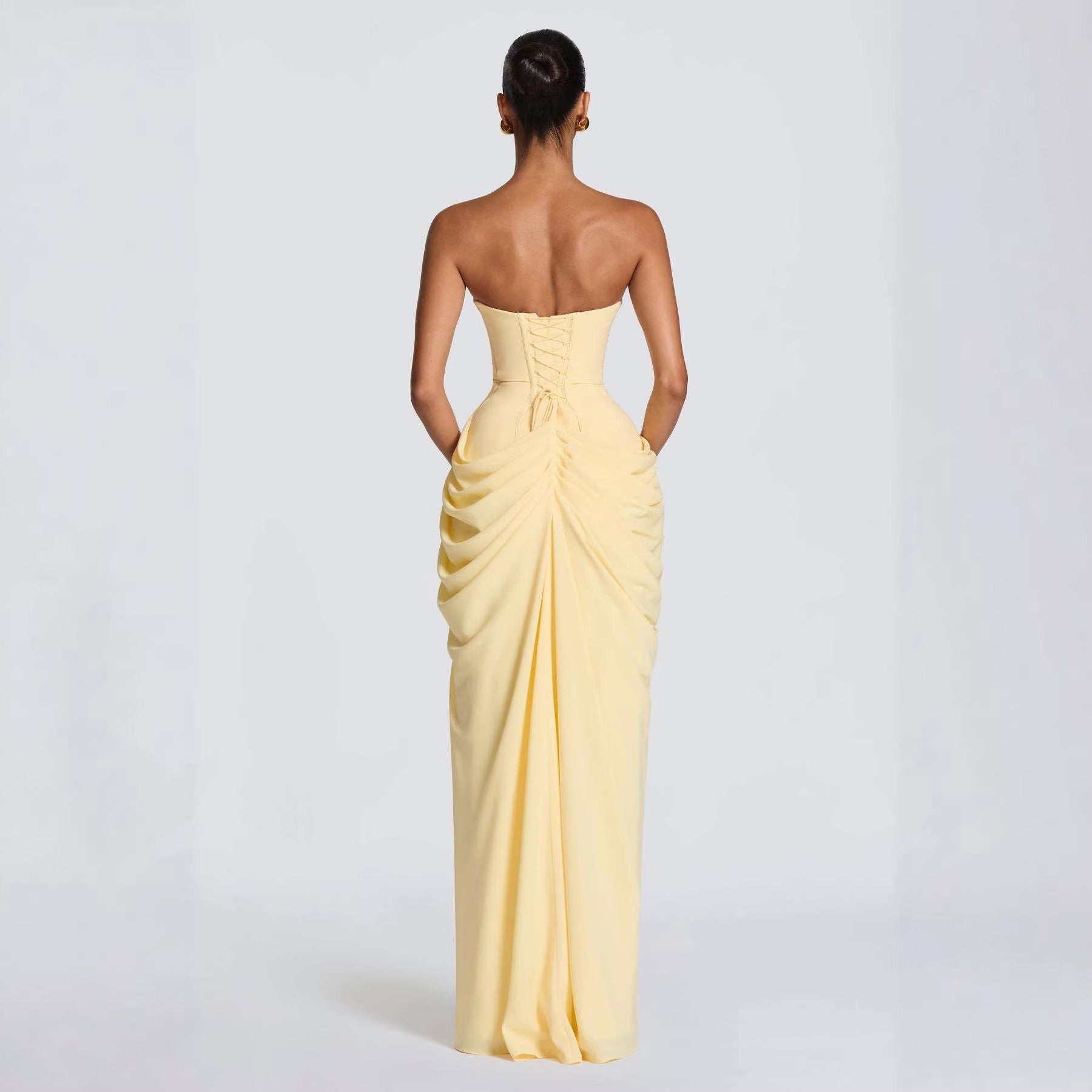 Tube Top Pleated Slit Maxi Dress