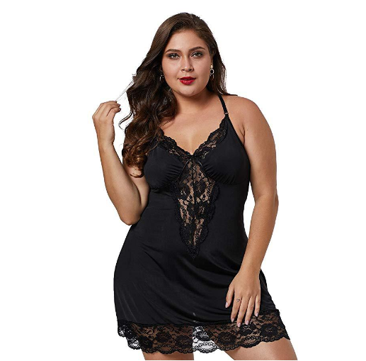Lace-Trimmed Sexy Cami Nightgown with Pattern (Plus Size)