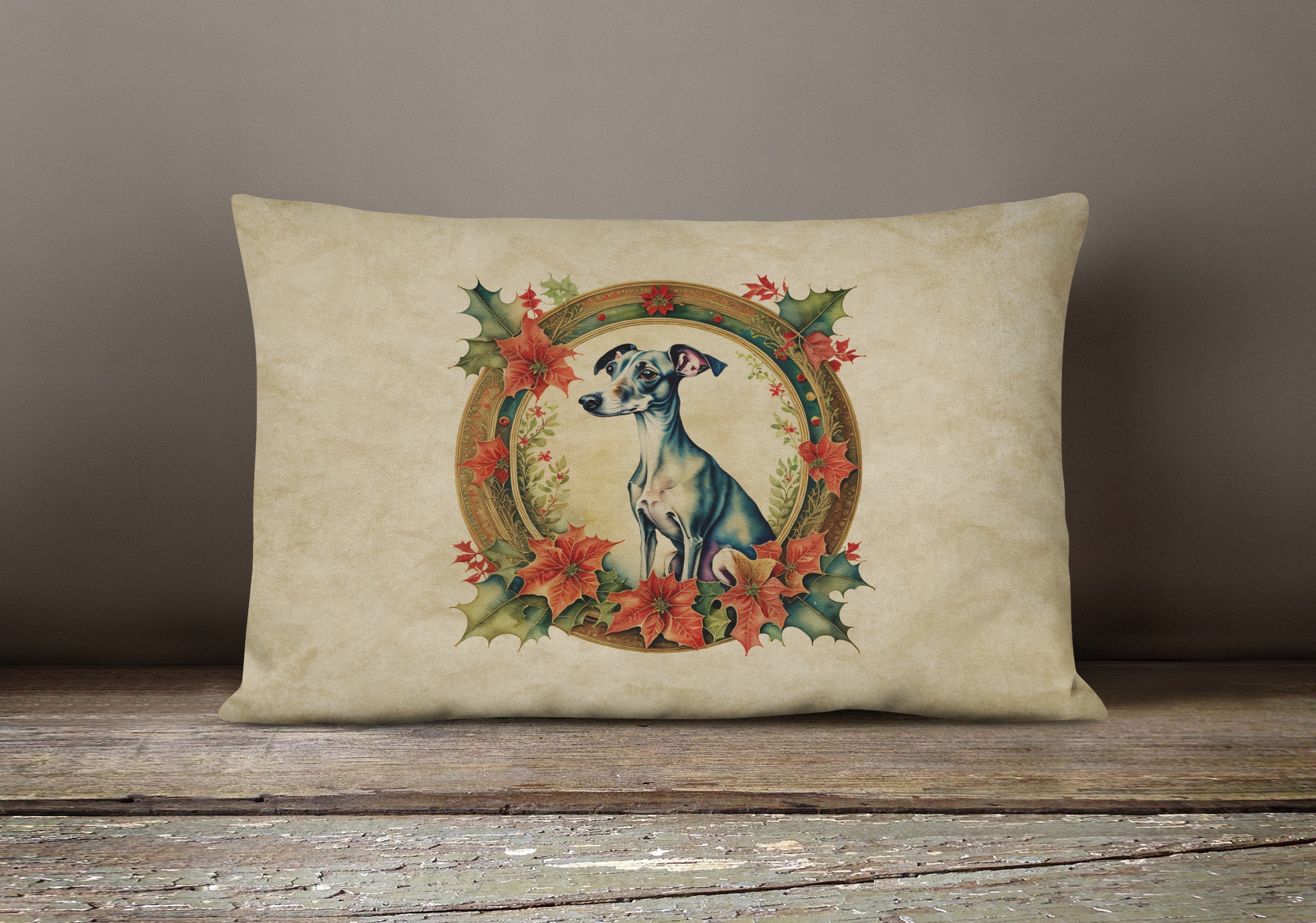 Italian Greyhound Christmas Flowers Throw Pillow
