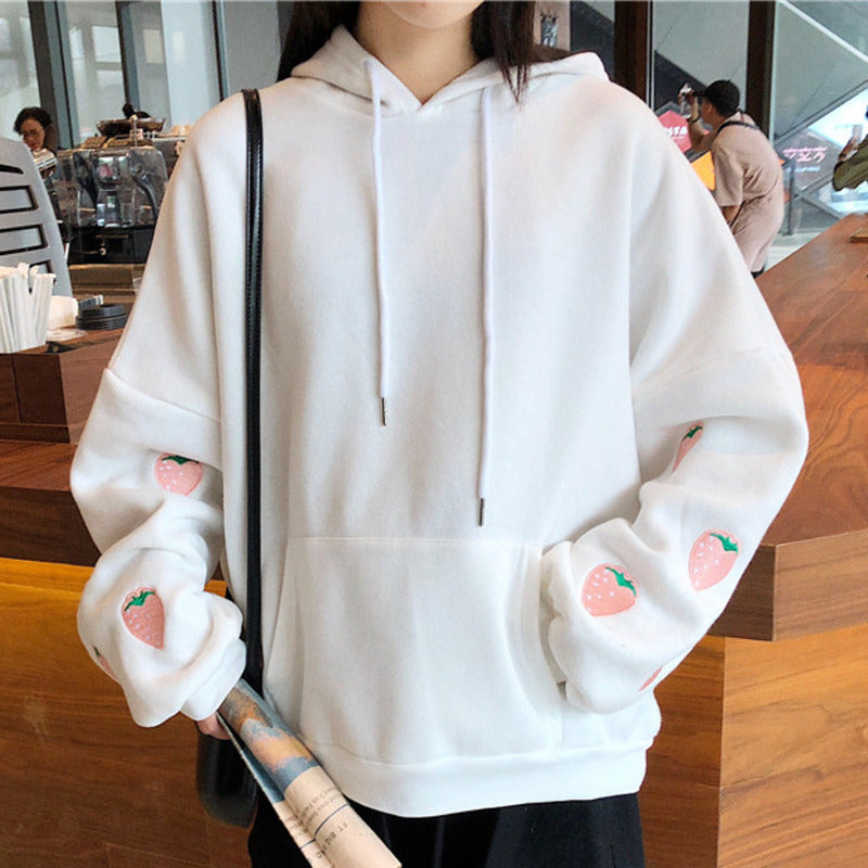 Embroidered Strawberry Fleece Hoodie for Girls | Streetwear