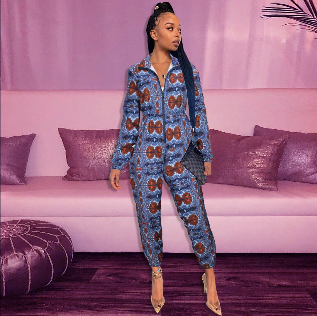 Contrast Print Zip-Up Long Bodysuit