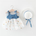 Summer Girls' Denim Dress with Bow and Hat | Embroidered Cap