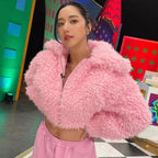 Pink Plush Thick Short Jacket for Women - Y2K Fashion