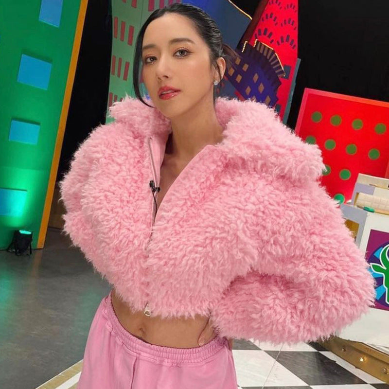 Pink Plush Thick Short Jacket for Women - Y2K Fashion