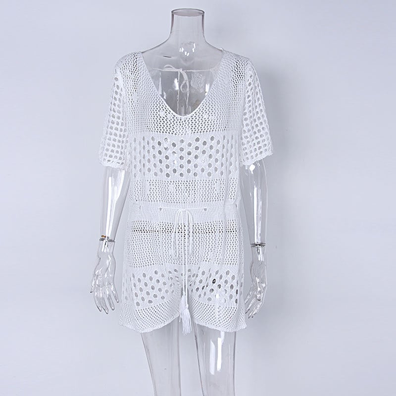 Crochet Knit Hollow Beach Cover-Up Romper
