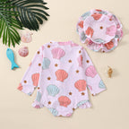 Girls' Shell Print Long-Sleeve Rash Guard Swimsuit with Hat