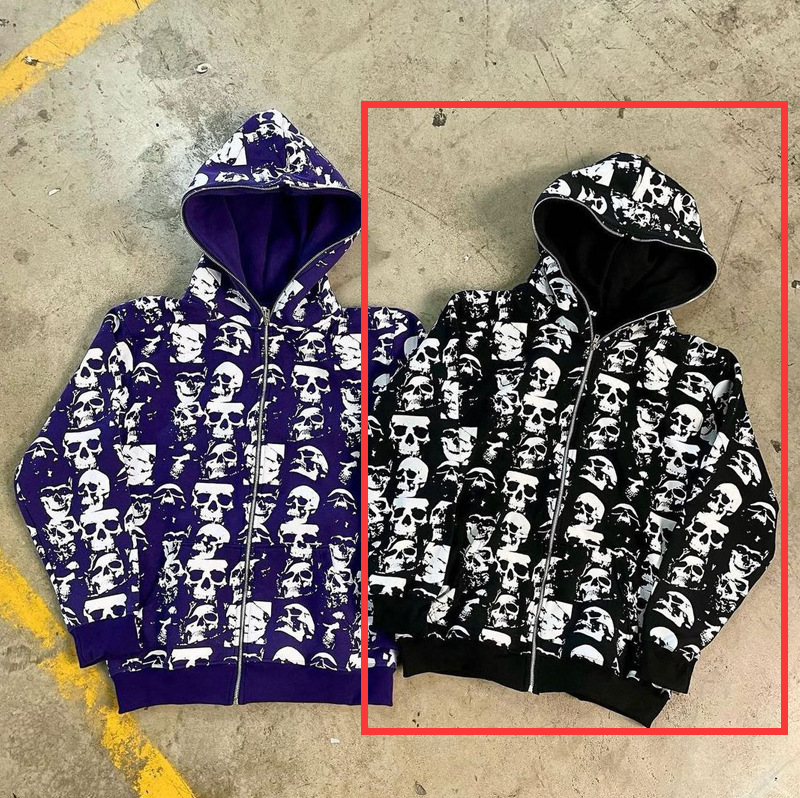 Skull Printed Zipper Street Hoodie | Streetwear