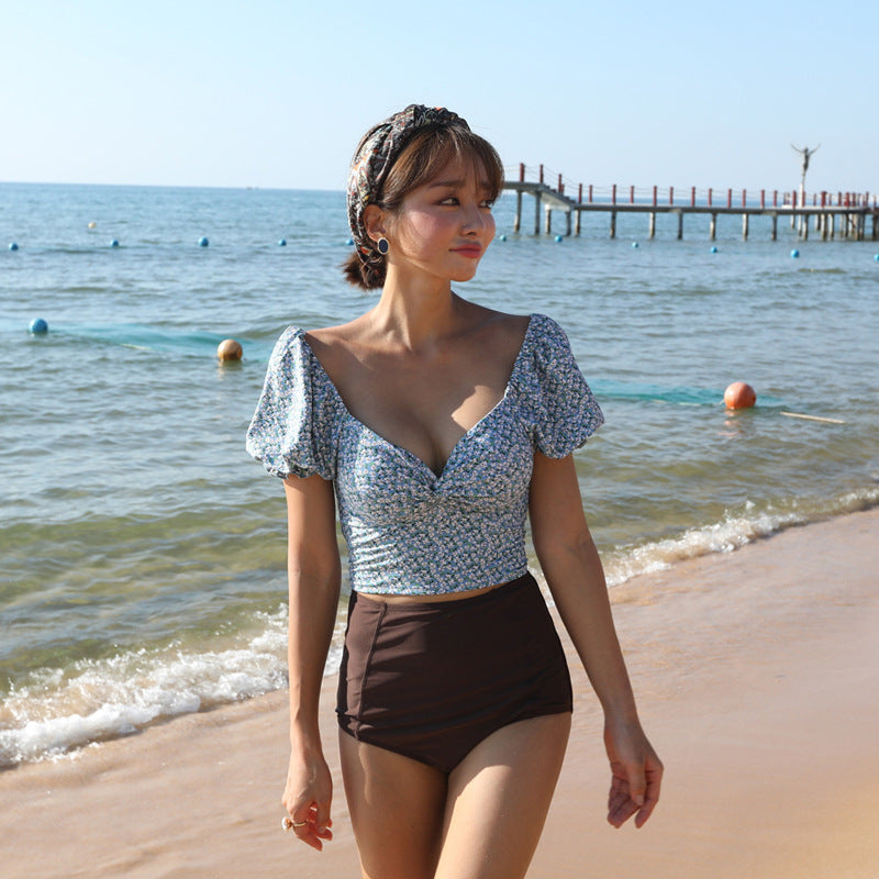 Ins Style Floral Short Sleeve High Waist Bikini Set
