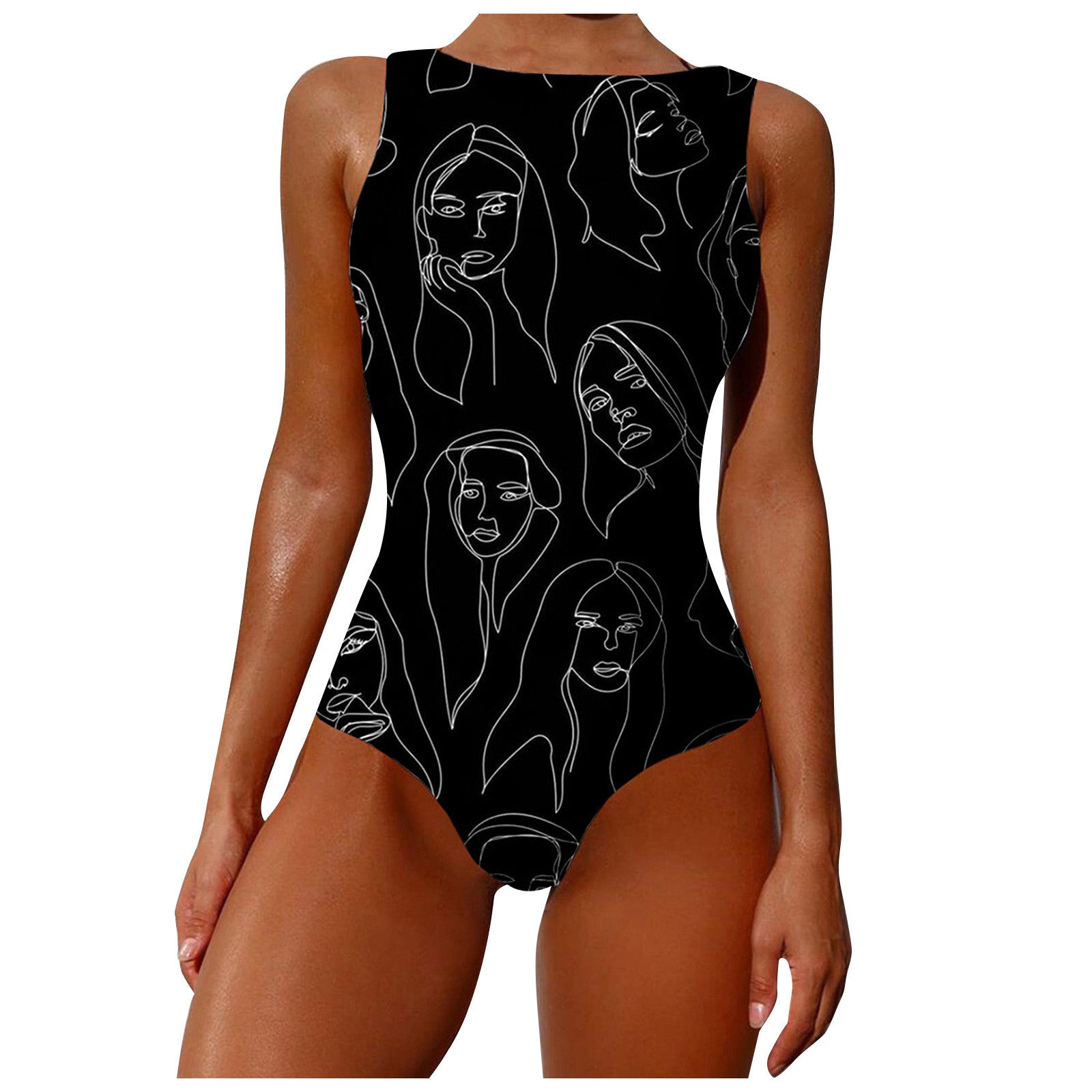 Women's Abstract Print High Neck Backless Swimsuit