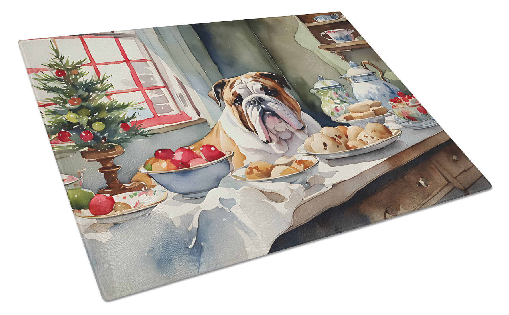English Bulldog Christmas Cookies Glass Cutting Board