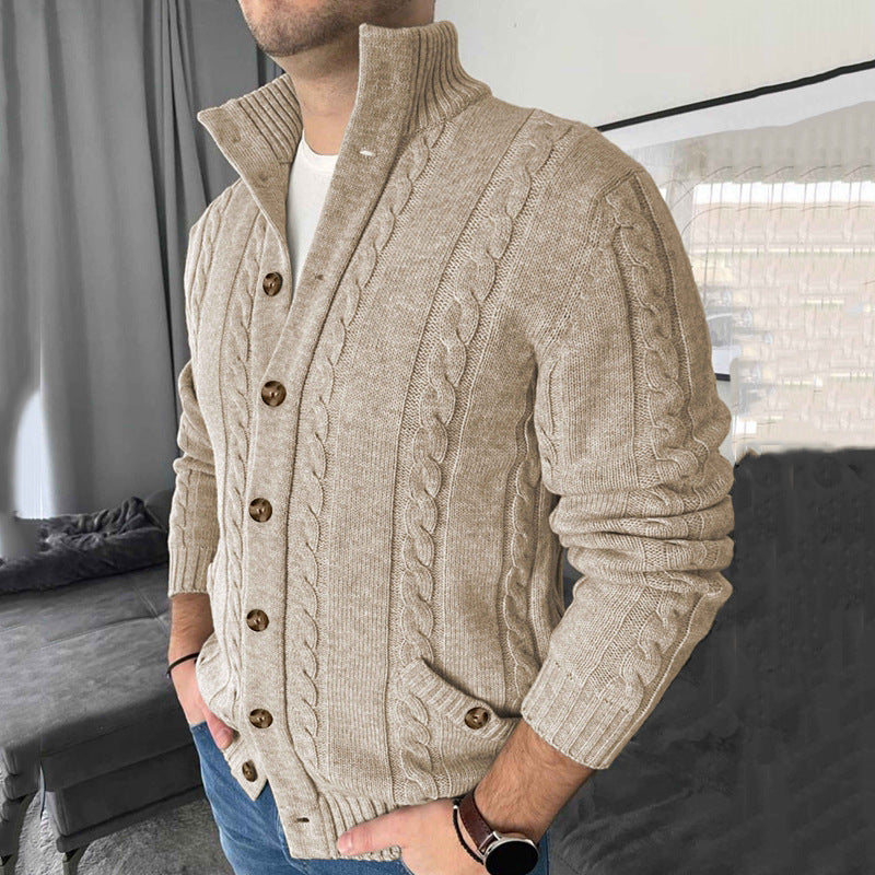New Men's Lapel Cardigan Long Sleeve Jacquard Sweater