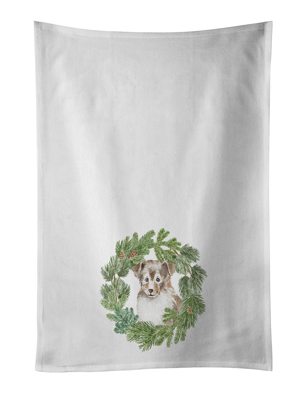 Sheltie/Shetland Sheepdog Puppy Sable Smile Christmas Wreath Kitchen Towel Set of 2