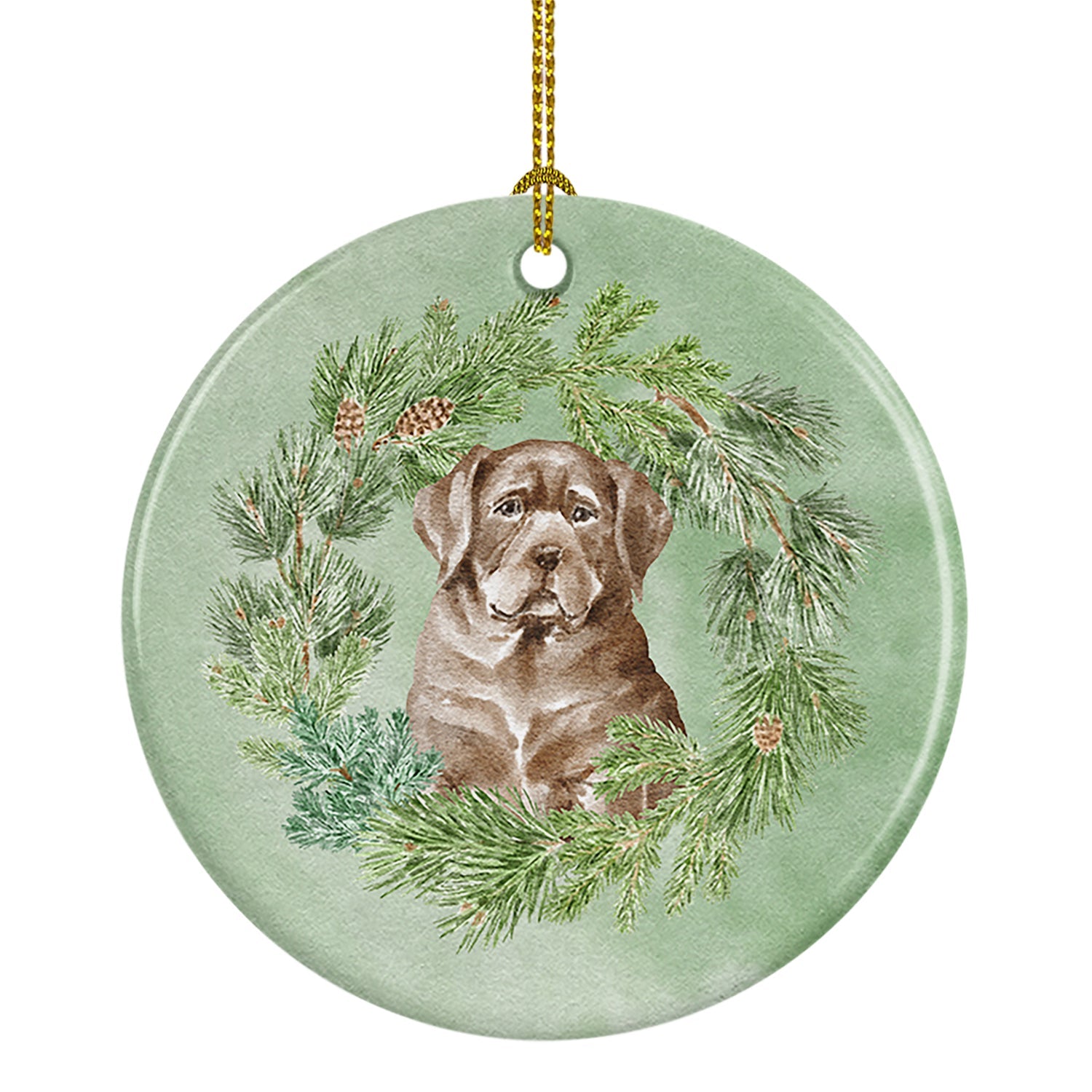 Labrador Retriever Puppy Chocolate Christmas Wreath Ceramic Ornament