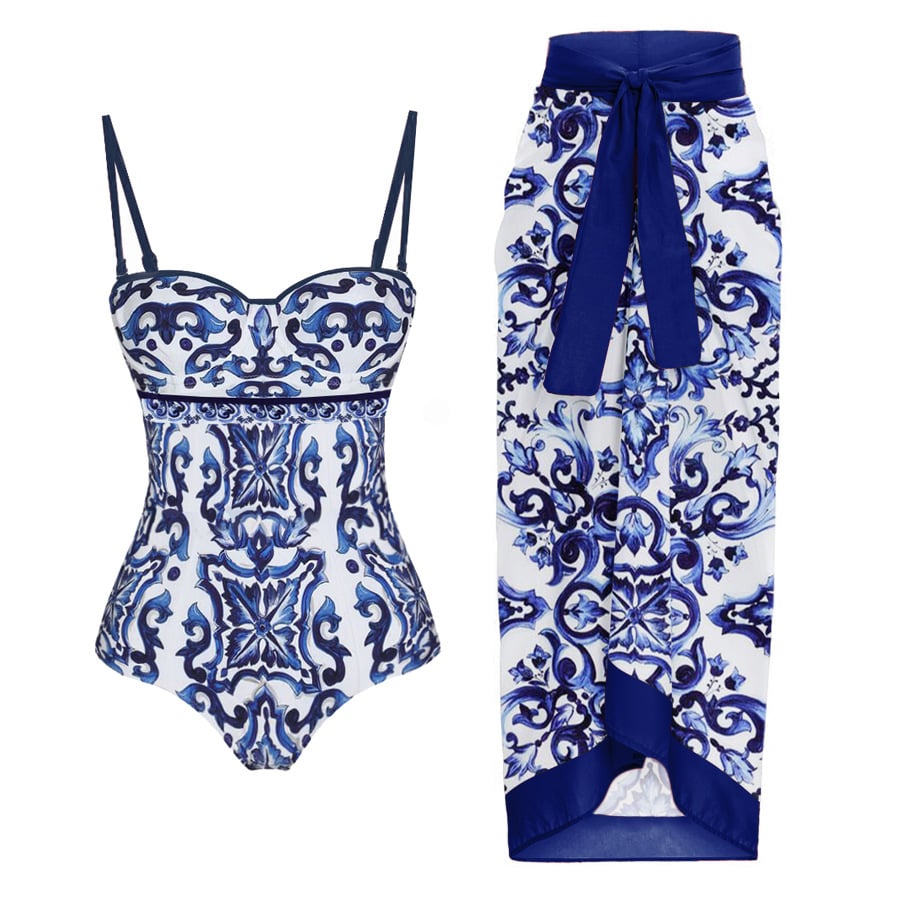 One-Piece Blue and White Porcelain Print Women's Swimsuit