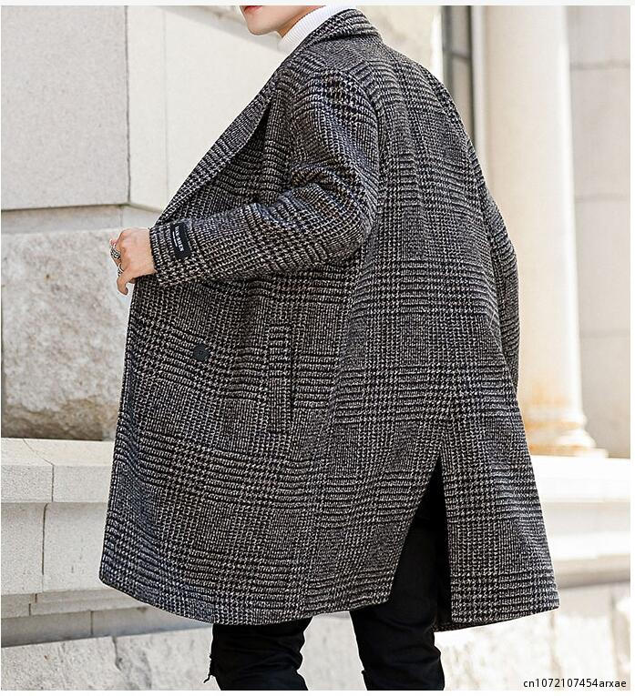 Chic Men's Plaid Double Breasted Wool Blend Coat