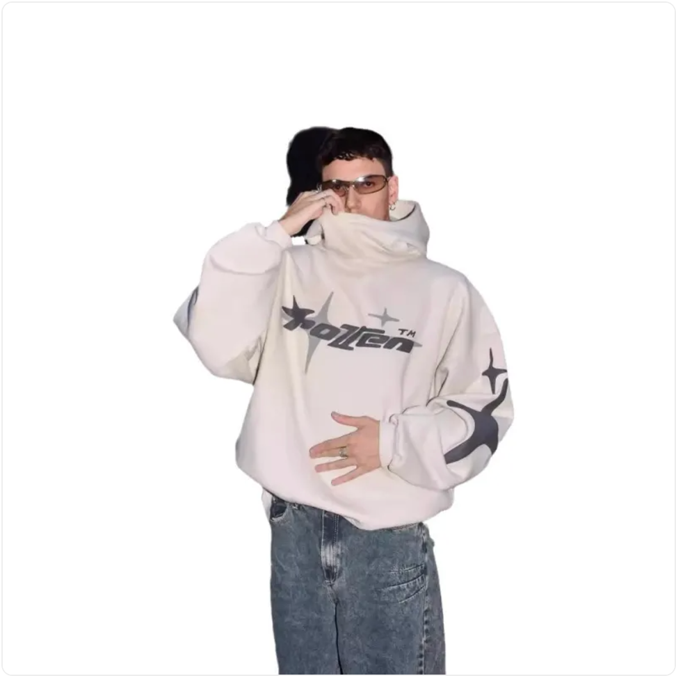 Loose-Fit Y2K Star Letter Printed Turtleneck Hoodie | Streetwear