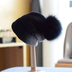 Women's Casual Wool Hat with Fox Fur Ball | Embroidered Cap