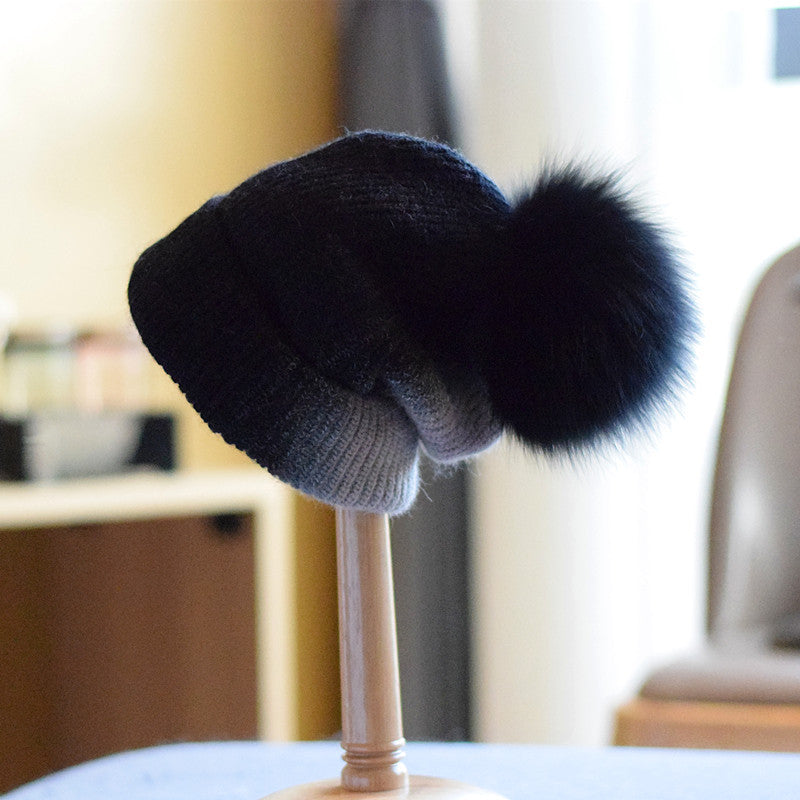 Women's Casual Wool Hat with Fox Fur Ball | Embroidered Cap
