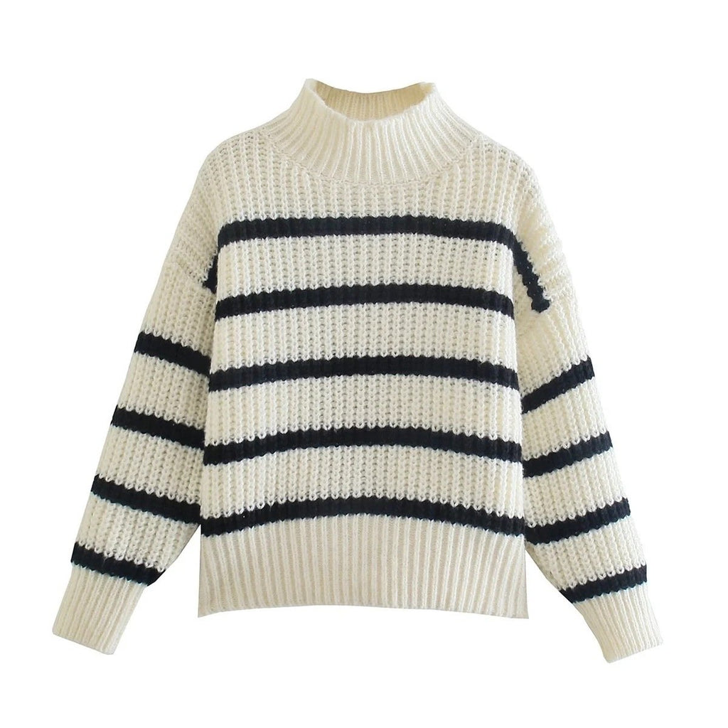 Women's Striped Half Turtleneck Knit Sweater