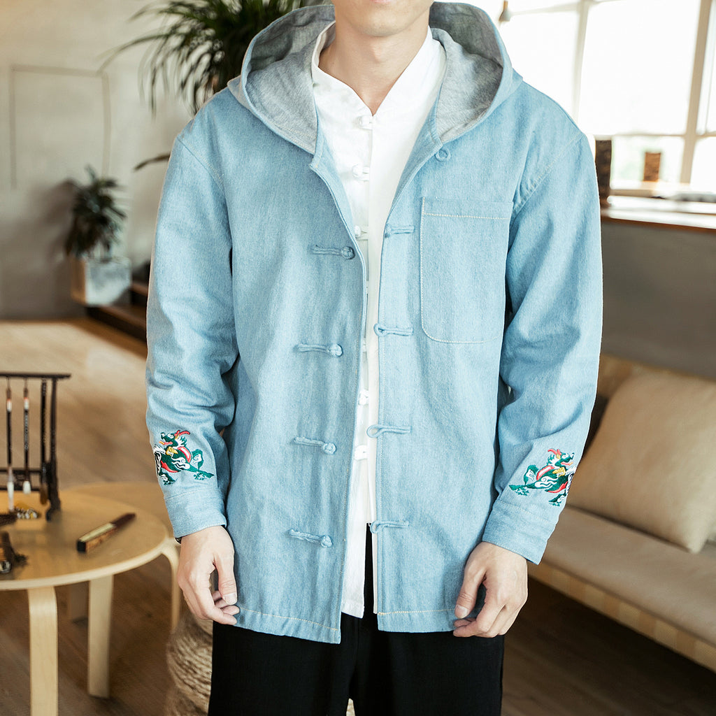 Japanese Casual Denim Hooded Jacket for Men