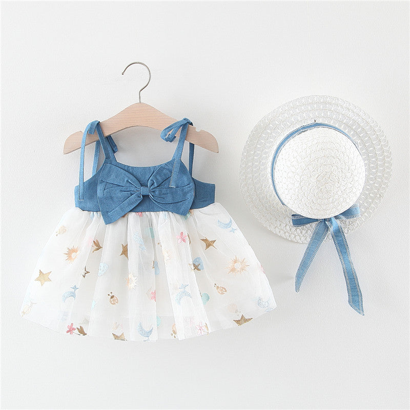 Summer Girls' Denim Dress with Bow and Hat | Embroidered Cap