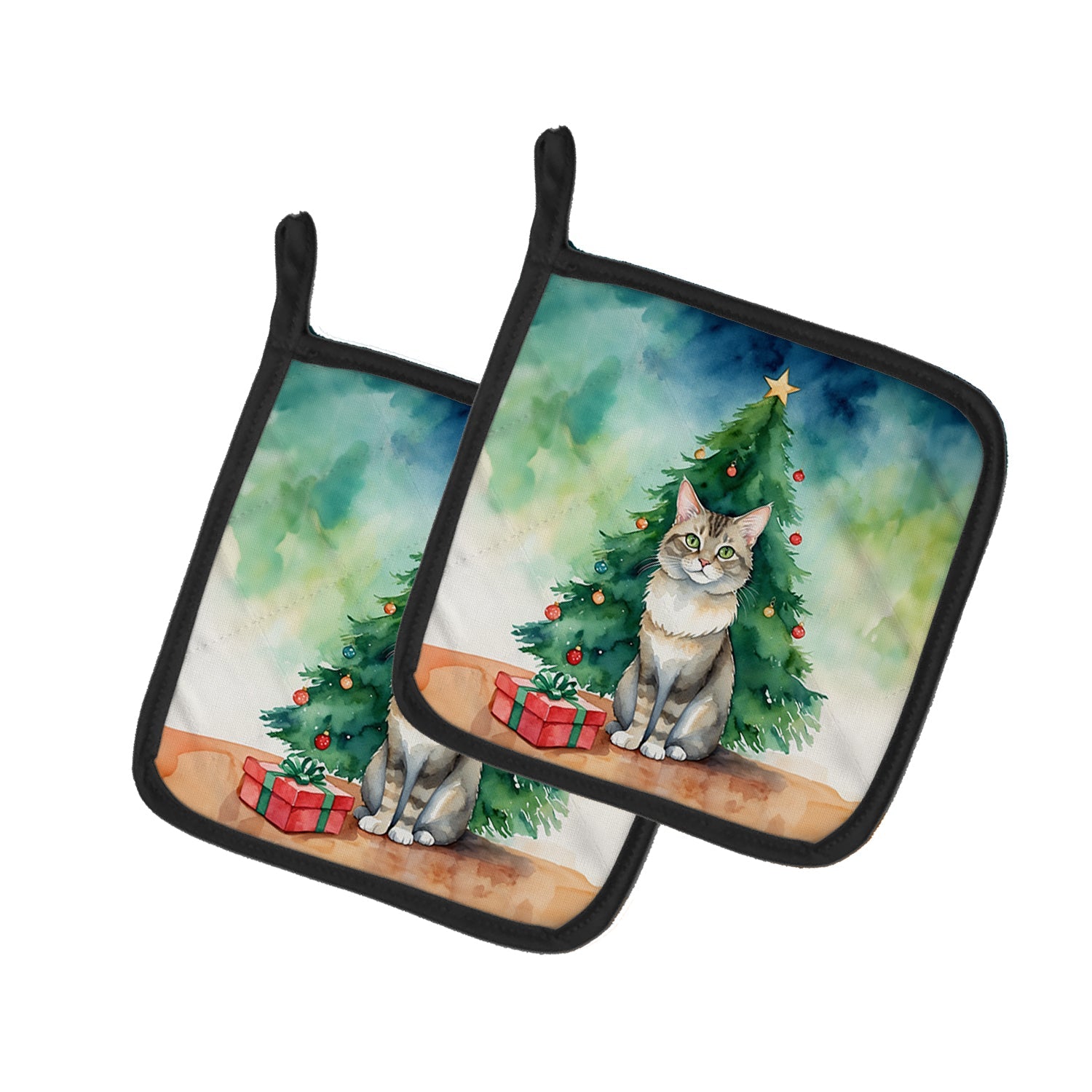 Dwelf Cat By the Christmas Tree Pair of Pot Holders