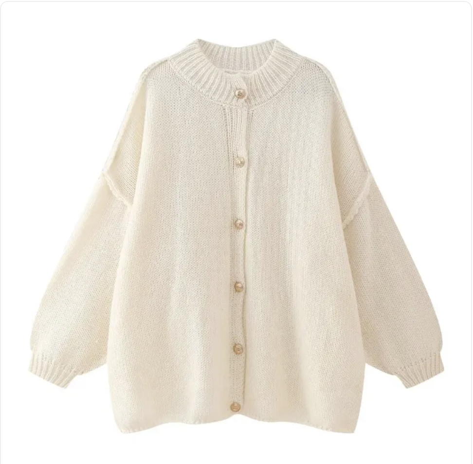 French Loose Fit Round Neck Cardigan with Metal Buttons