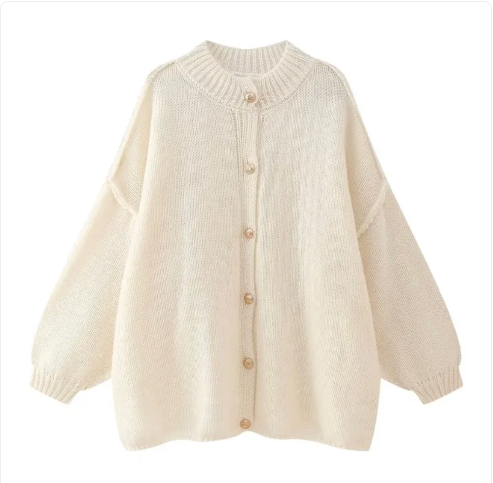 French Loose Fit Round Neck Cardigan with Metal Buttons
