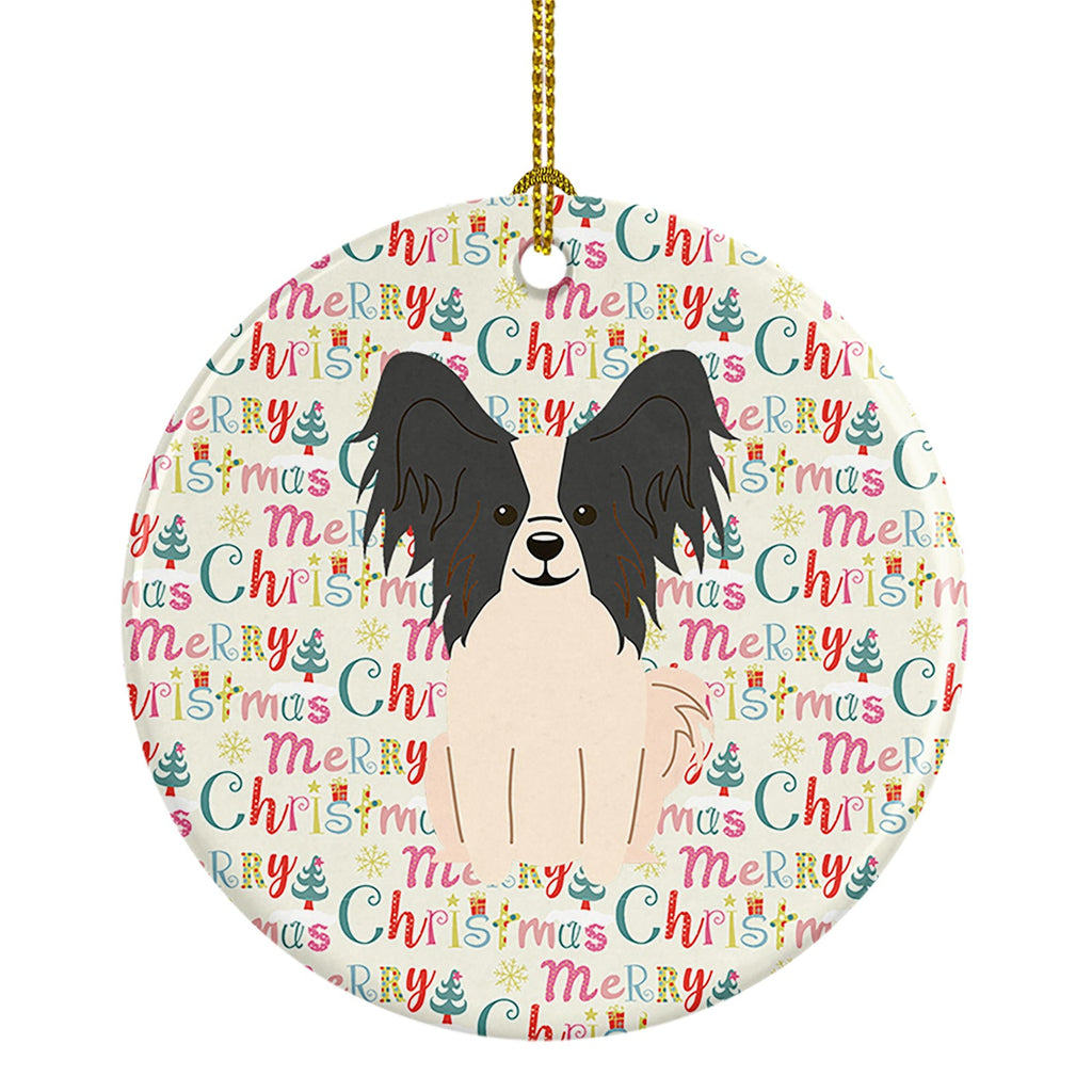 Merry Christmas Papillon Black White Ceramic Ornament