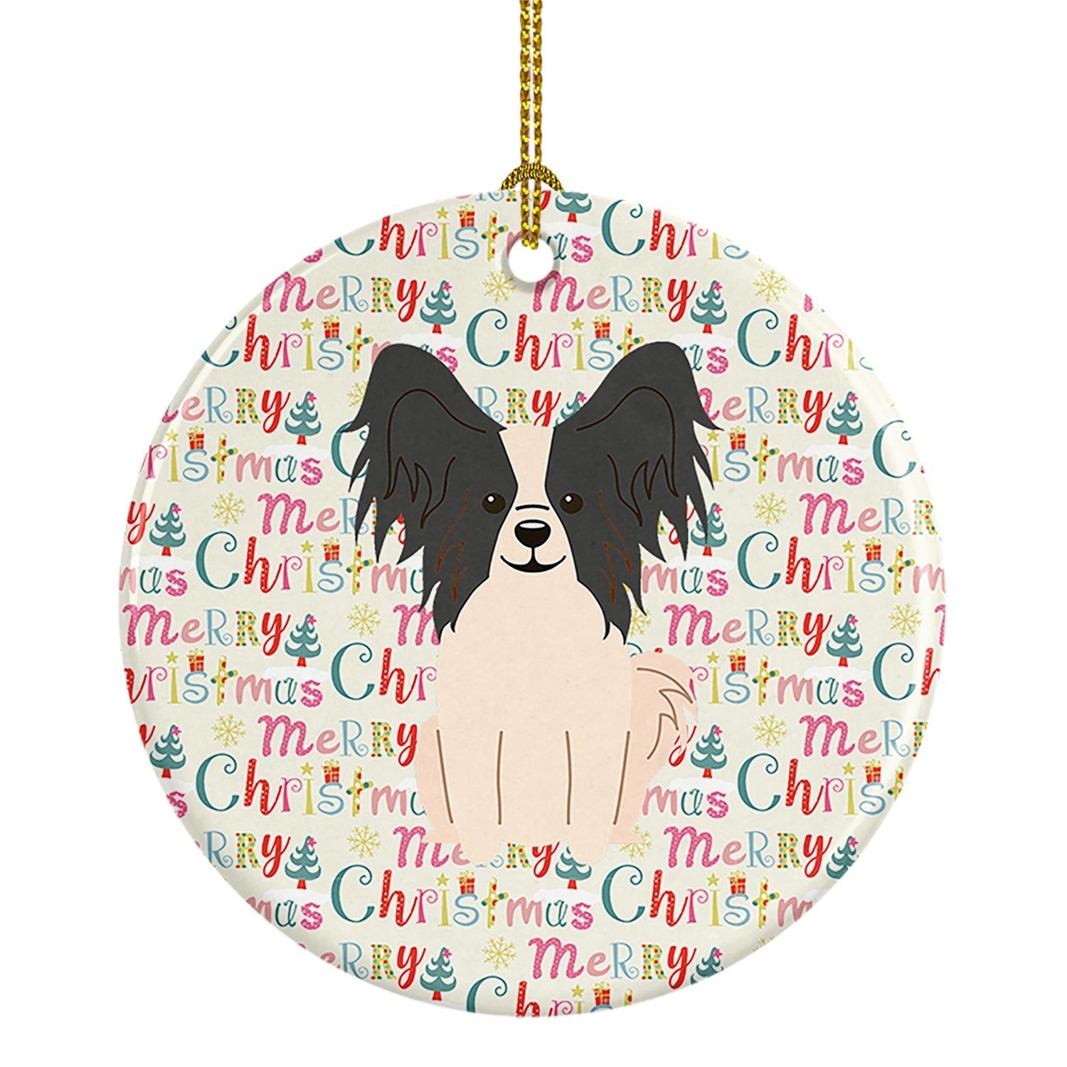 Merry Christmas Papillon Black White Ceramic Ornament