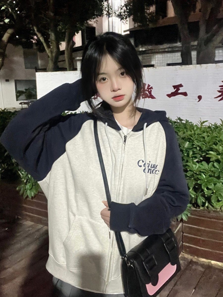 Women's American Retro Color Block Hooded Cardigan