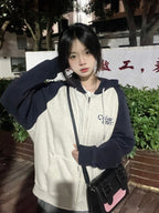 Women's American Retro Color Block Hooded Cardigan