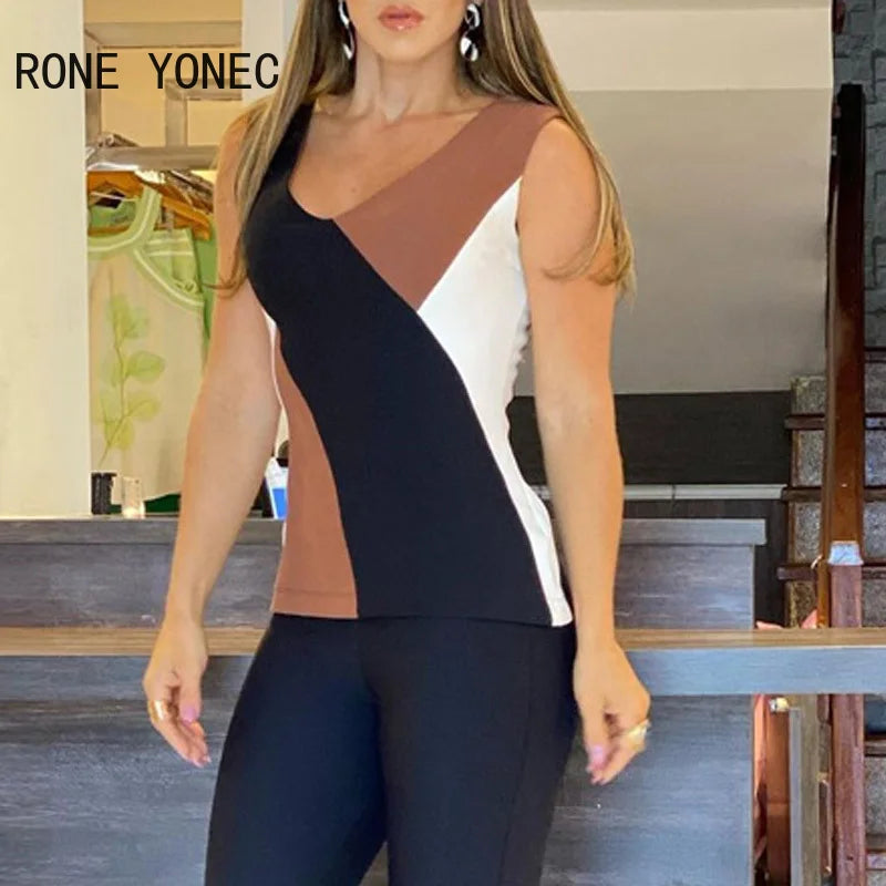 Colorblock Sleeveless Top and Flare Pants Two-Piece Set