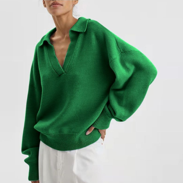 Solid Color Women's Knit Polo Neck Pullover Sweater | Streetwear