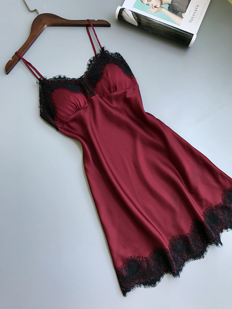 Silk Lace Trim V-Neck Nightgown with Cups (Summer)