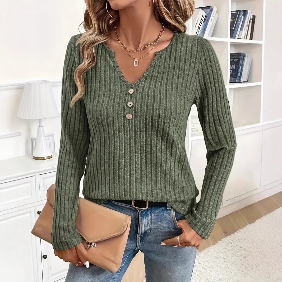 Knit V-Neck Button Long Sleeve Top