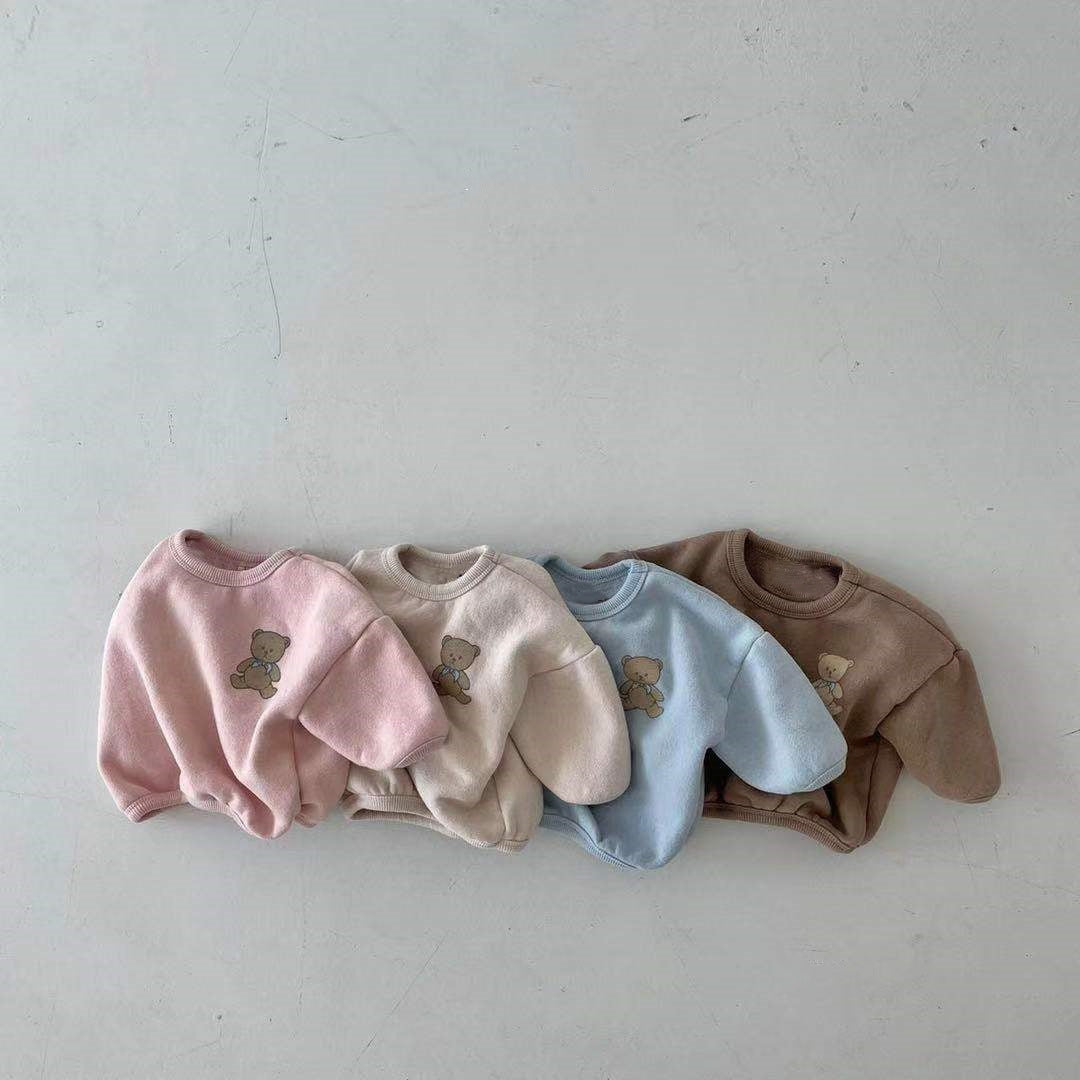 Cartoon Bear Round Neck Loose Sweater for Kids