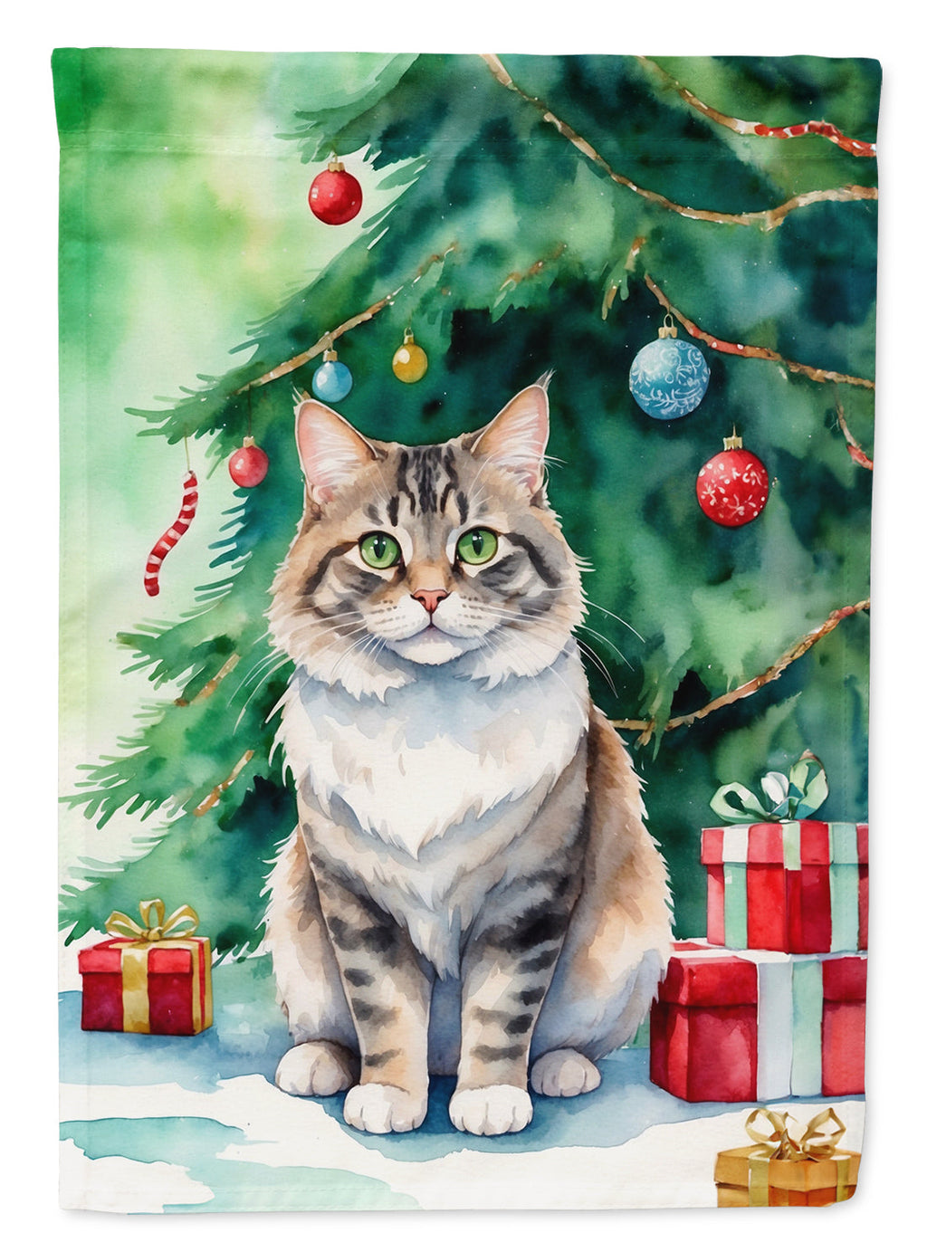 Kurilian Bobtail Cat By the Christmas Tree House Flag