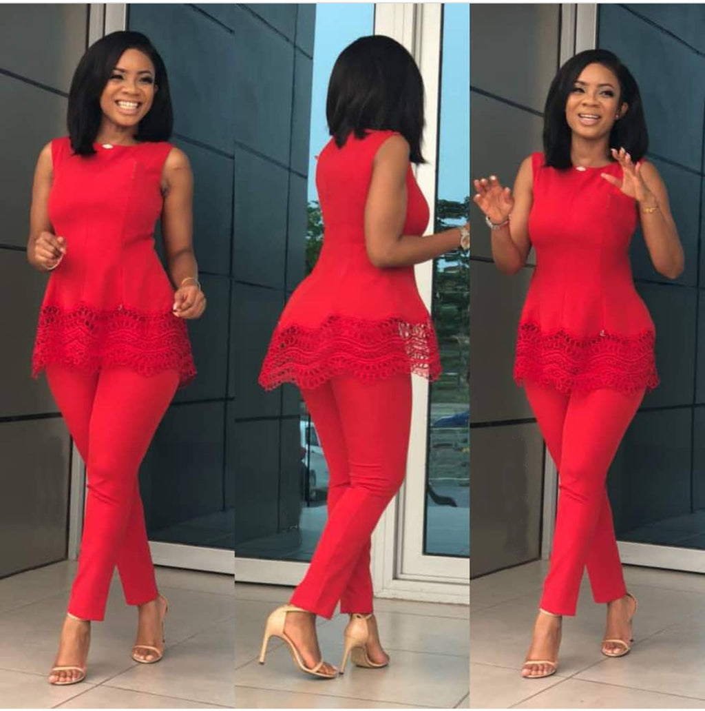 Sleeveless Lace-Trim Peplum Top and Trouser Set