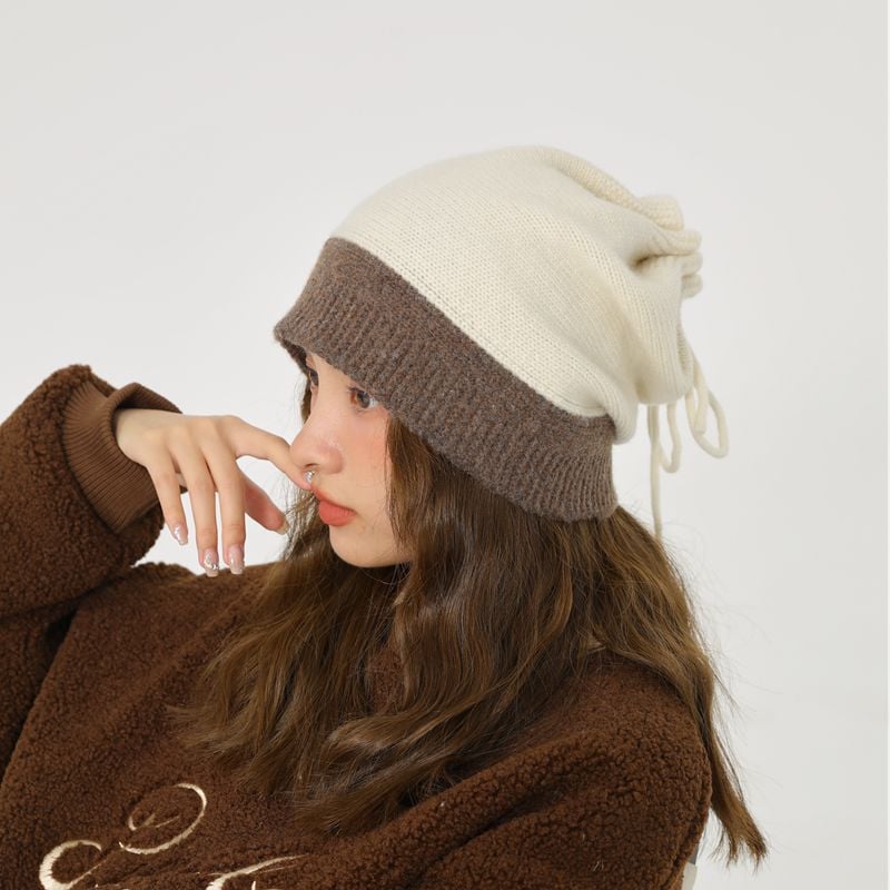 Dual-use Wool Knitted Pile Hat with Collar | Embroidered Cap