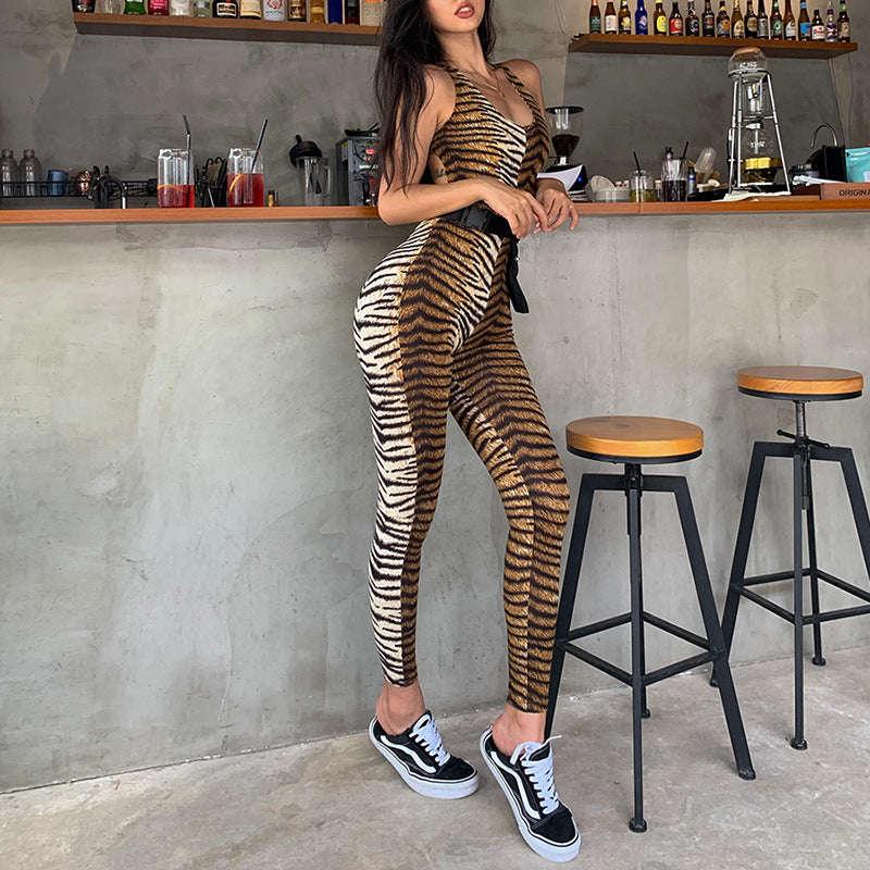 2019 Women's Tiger Stripe Backless Bodysuit Jumpsuit