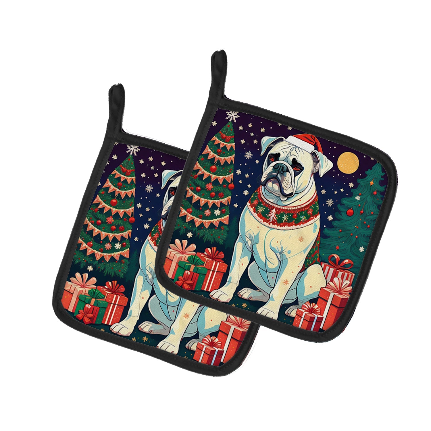 White Boxer Christmas Pair of Pot Holders