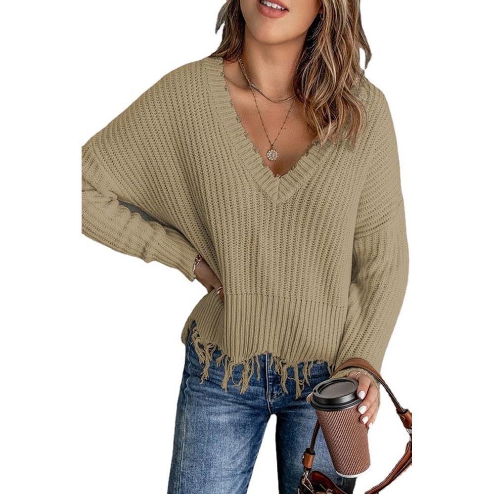 Women's New Cotton Knitted Ripped Sweater with Tassels