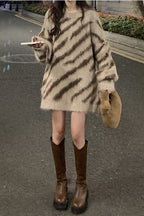 Zebra Striped Loose Pullover Sweater for Women | Streetwear